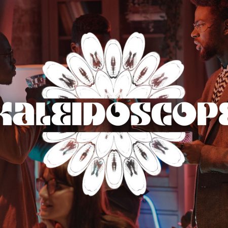 Kaleidoscope logo over people networking.