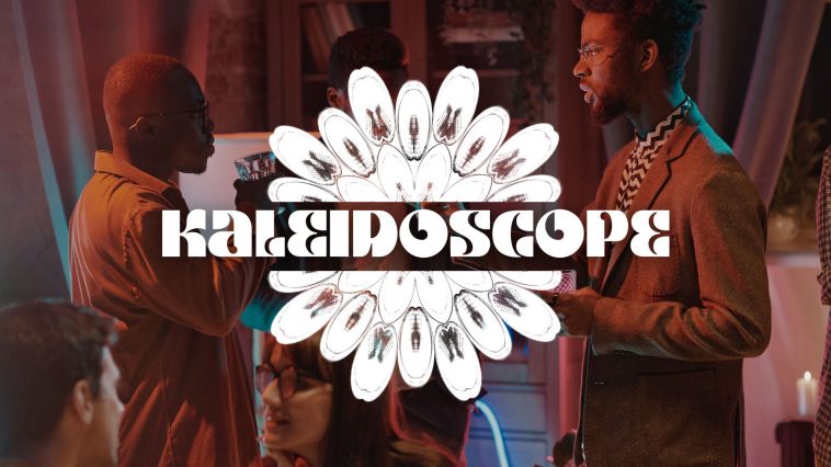 Kaleidoscope logo over people networking.